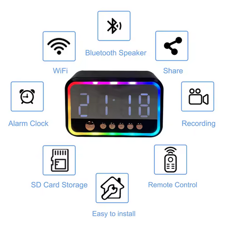 4K alarm clock + Bluetooth speaker + hidden camera, Wi-Fi connection, with night vision, supports mobile APP