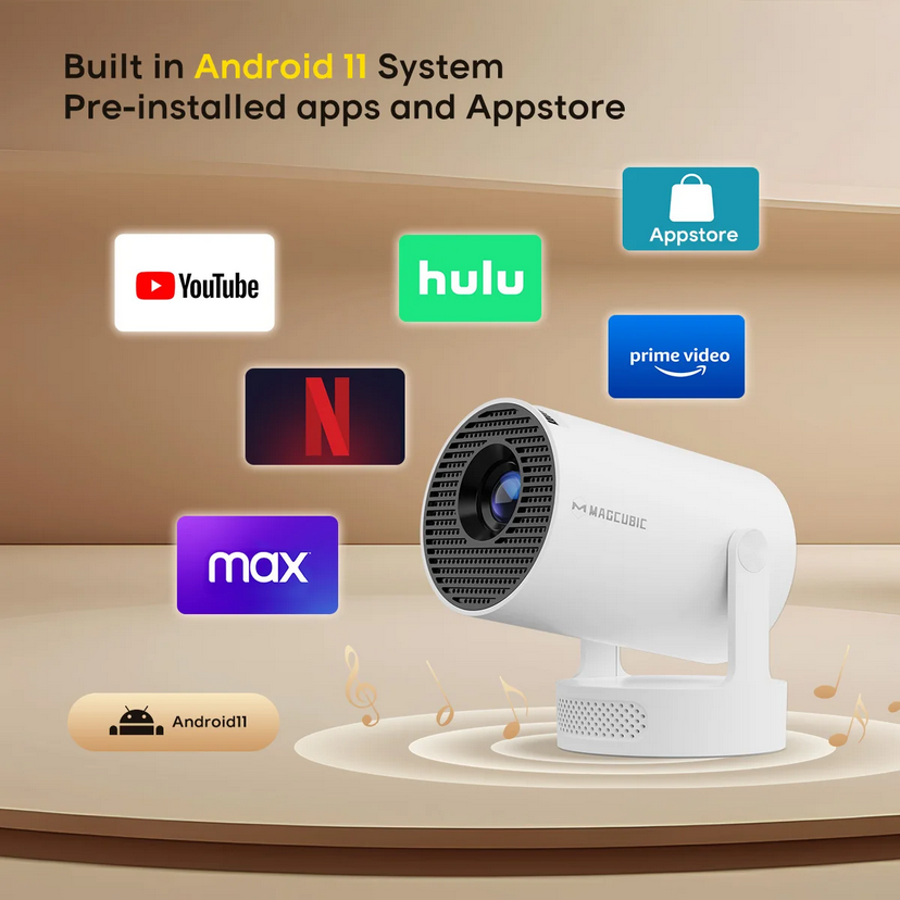 HY300 Pro Smart Android 11 Mini Projector | 4K/1080P Support, WiFi 6 And BT 5.0 Portable Home Theatre With Auto Level Correction, Outdoor Movie Projector