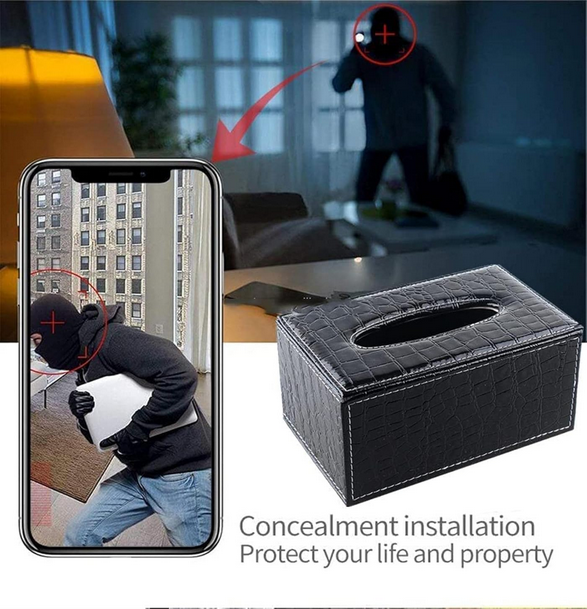 Tissue box hidden camera, WIFI camera, with night/motion detection, supports memory card and mobile phone APP remote monitoring