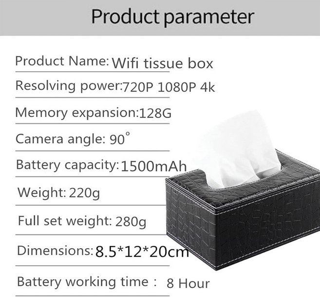 Tissue box hidden camera, WIFI camera, with night/motion detection, supports memory card and mobile phone APP remote monitoring