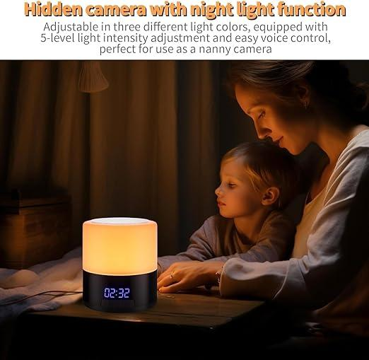 Bluetooth Speaker + Night Light + Clock Spy Camera Hidden WIFI Camera, 1080p Nanny Camera with 180° Rotating Lens, Night Vision, Motion Detection, Mobile App and Memory Card Support