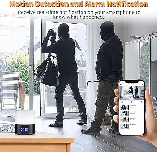 Bluetooth Speaker + Night Light + Clock Spy Camera Hidden WIFI Camera, 1080p Nanny Camera with 180° Rotating Lens, Night Vision, Motion Detection, Mobile App and Memory Card Support