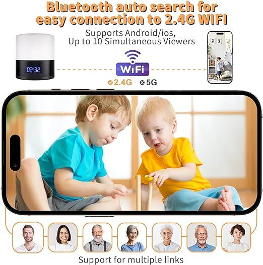Bluetooth Speaker + Night Light + Clock Spy Camera Hidden WIFI Camera, 1080p Nanny Camera with 180° Rotating Lens, Night Vision, Motion Detection, Mobile App and Memory Card Support