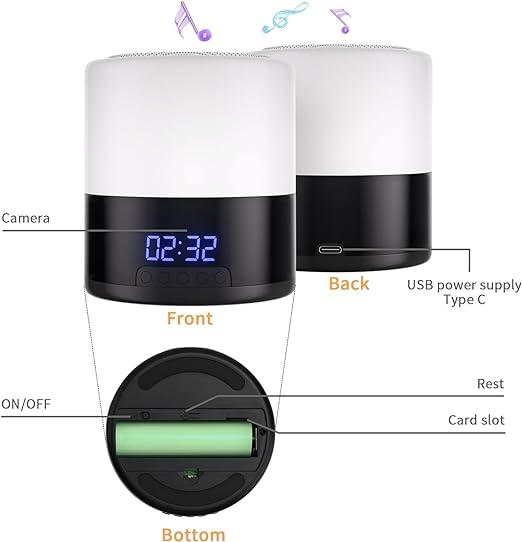 Bluetooth Speaker + Night Light + Clock Spy Camera Hidden WIFI Camera, 1080p Nanny Camera with 180° Rotating Lens, Night Vision, Motion Detection, Mobile App and Memory Card Support