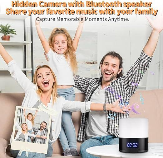 Bluetooth Speaker + Night Light + Clock Spy Camera Hidden WIFI Camera, 1080p Nanny Camera with 180° Rotating Lens, Night Vision, Motion Detection, Mobile App and Memory Card Support