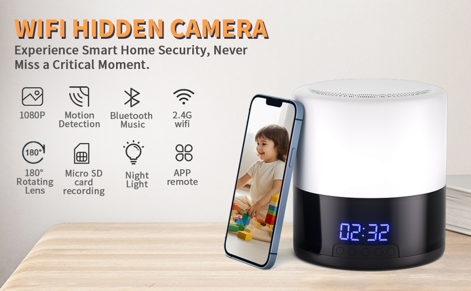 Bluetooth Speaker + Night Light + Clock Spy Camera Hidden WIFI Camera, 1080p Nanny Camera with 180° Rotating Lens, Night Vision, Motion Detection, Mobile App and Memory Card Support