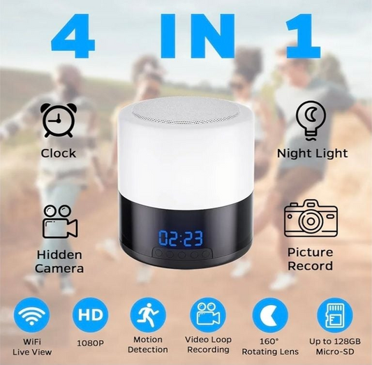 Bluetooth Speaker + Night Light + Clock Spy Camera Hidden WIFI Camera, 1080p Nanny Camera with 180° Rotating Lens, Night Vision, Motion Detection, Mobile App and Memory Card Support