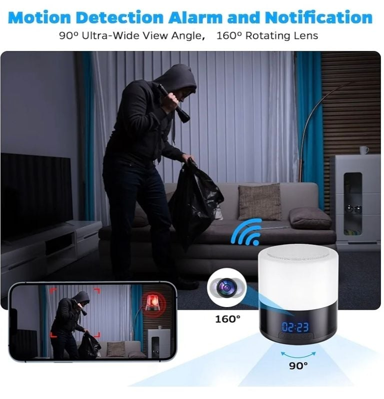 Bluetooth Speaker + Night Light + Clock Spy Camera Hidden WIFI Camera, 1080p Nanny Camera with 180° Rotating Lens, Night Vision, Motion Detection, Mobile App and Memory Card Support