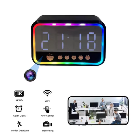 4K alarm clock + Bluetooth speaker + hidden camera, Wi-Fi connection, with night vision, supports mobile APP