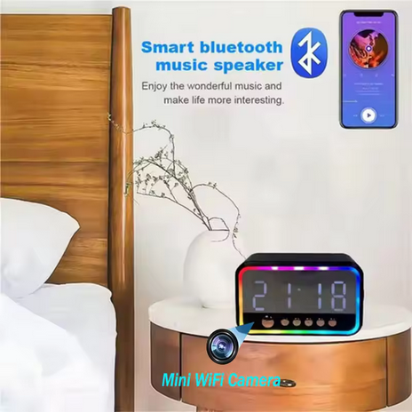 4K alarm clock + Bluetooth speaker + hidden camera, Wi-Fi connection, with night vision, supports mobile APP