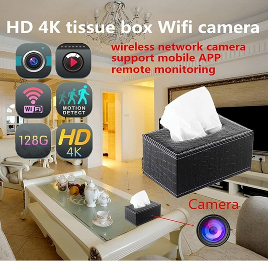 Tissue box hidden camera, WIFI camera, with night/motion detection, supports memory card and mobile phone APP remote monitoring